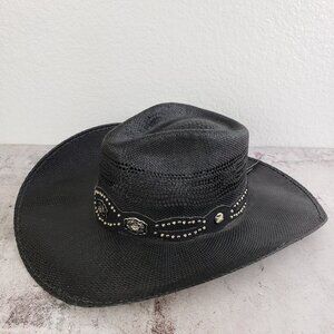 Bullhide Vintage Straw Cowboy Hat Western Black Enameled Concho Detail size M